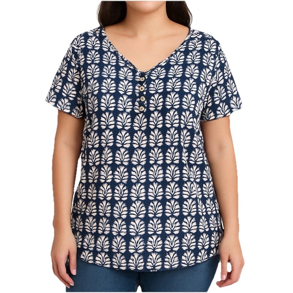 Croft & Barrow Women's Top L Blue White Floral Print Henley Short Sleeve Cotton